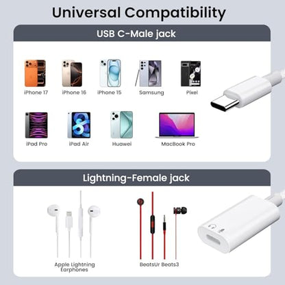 USB C to Lightning Headphone Audio Adapter, USB C Male to Lightning Female Earbuds Audio Adapter Compatible with iPhone 17/16/16e/15 Plus/Pro/Max, iPad Pro, iPad Air 6/5, MacBook (No Charge)[2 Pack] - color: 2Pcs-White