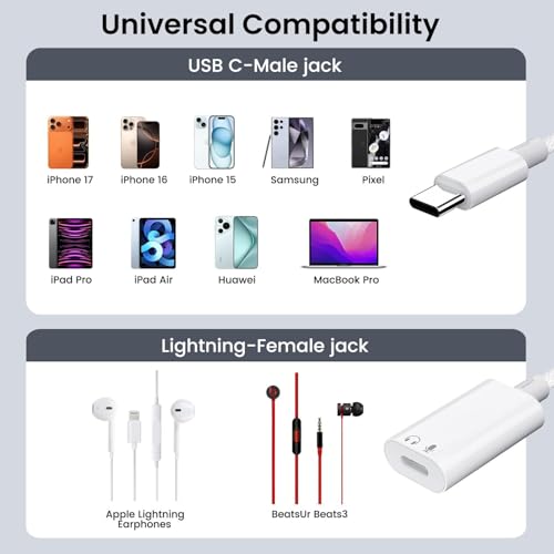 USB C to Lightning Headphone Audio Adapter, USB C Male to Lightning Female Earbuds Audio Adapter Compatible with iPhone 17/16/16e/15 Plus/Pro/Max, iPad Pro, iPad Air 6/5, MacBook (No Charge)[100 Pcs] - color: 100Pcs-White