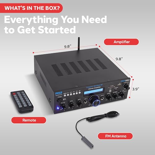 Pyle Wireless Bluetooth Power Amplifier System- 200W Dual Channel Sound Audio Stereo Receiver w/USB, SD, AUX, MIC w/Echo, Radio, LCD - Home Theater Entertainment via RCA, Studio Use, Black - PDA6BU.6 - color: Matte