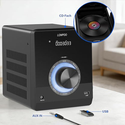 Compact Stereo System Speakers with CD Player, Bluetooth, FM Radio, Aux-in, USB-in, Earphone Jack, DSP-Tech, Remote, 30W Crisp-Sound Shelf Stereo System for Home (LP-886)
