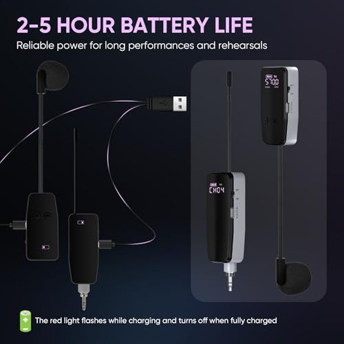 UHF Wireless Violin Microphone System, Rechargeable Clip-on Instrument Microphones with Transmitter and Receiver for Musicians, Teachers, Stage Performances, Active PA Systems - 98ft Range