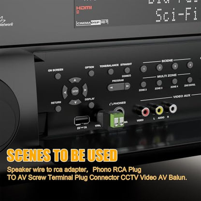 PANPEO RCA to Speaker Wire Adapter 12-Pack Solderless 14AWG | RCA male solderless speaker wire adapter, No soldering no crimping, Screwdriver included, Max 14AWG, For speakers/CCTV/audio