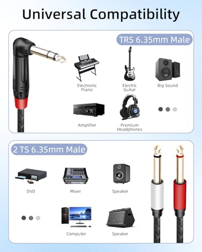 Guitar Cable Right Angle 1/4 inch TRS Stereo to Dual 1/4 inch TS Mono Insert Cable,Stereo Y Splitter Cable,90 Degree 6.35mm Male to Dual 6.35mm Male Audio Cord(5.9FT/1.8M) - style: 90 6.35 TRS to Dual 6.35 TS(5.9FT/1.8M)