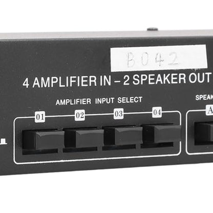 Passive Selector Switch 4 Amplifier in 2 Speaker Out Audio Selector Box, Manual Button Switch for Stereo System, 300W per Channel, Aluminum Alloy Housing with Banana Plug
