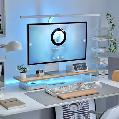 Bamboo Monitor Stand, Desk Shelf with Acrylic Legs and RGB Lights | 31.5-Inch Wide, 3.3-Inch Clearance, Fits Monitor, Laptop, Printer and Speakers for Small Desks - color: Natural x RGB Light