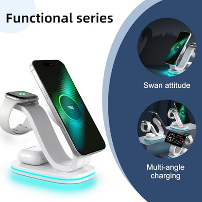 2026 New Fast 15W 3 in 1 Charging Station for iPhone Compatible Magnetic | Wireless Charger Station for iPhone 17 16 15 14 13 12, AirPods and iWatch Series, 35W Charger Included - color: White 3 in 1