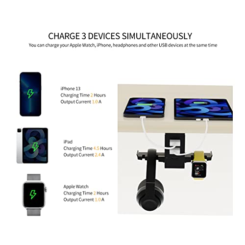 Headset Holder with USB Port Under Desk Headphone Stand Gaming Desk Accessories, Dual Earphone Hangers Hook (USB Type-C + A Included, Black, Steel & Aluminum, Tabletop Mount)