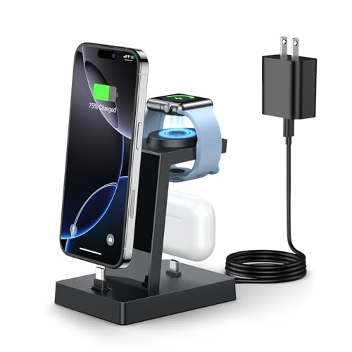 30W Fast 3 in 1 Charging Station for Apple Devices - ADADPU USB C Charger Stand for iPhone 17 16 15 Pro Max Plus & AirPods 4,Wireless Charger Dock Compatible with Apple Watch Ultra/10/9/8/7/6/5/4/3/SE - color: Classic Black
