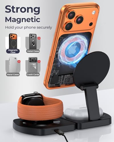Wireless Charger for iPhone, 3-in-1 Magnetic Charging Station, Foldable - color: Apple Black