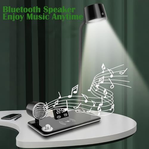 IHAO Smart LED Desk Lamp with Wireless Charger & Bluetooth Speaker, 15W Fast Charging Station for Phone & Earbuds Touch Control 3 Light Modes Alarm Clock Adjustable Eye-CareTable Lamp-HYT1772 Black - color: Table Lamp 4in1 with bluetooth speaker HYT1772 B