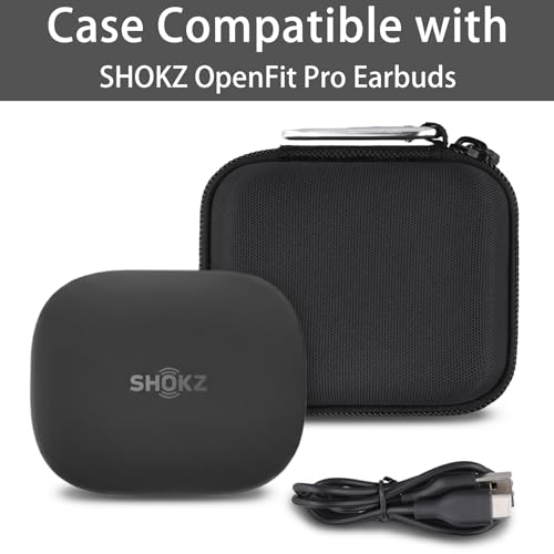 co2CREA SHOKZ 오픈핏 프로 오픈 이어 이어버드용 하드 케이스, 블랙 | 메시 액세서리 포켓, 충전 케이블 보관, 경량 디자인, 카라비너 클립 - color: 블랙 케이스, style: OpenFit Pro용