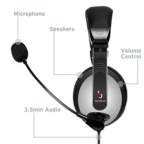 Etekcity RoverBeats Bravo Professional Over Ear Stereo Headset with Microphone, Headset Splitter, Black/Gray