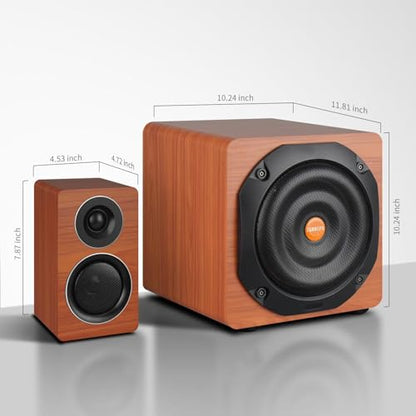 2.1 Computer Speakers with Subwoofer, 100W RMS, Bluetooth 5.3, Brown | A 6.5-inch subwoofer, wood cabinets and silk dome tweeters. AUX/RCA, optical and coaxial inputs for PCs, TVs and turntables. - color: Brown