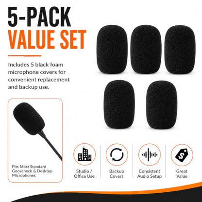 5-Pack Professional Foam Windshield for Shure CVG18-B/C - Studio-Grade Microphone Filter for Gooseneck Condenser Mics, Black Sponge Noise Reduction Covers