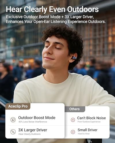 ACEFAST AceClip Pro Open-Ear Earbuds, Wireless Clip-On Earbuds with 3× Larger Drivers, Outdoor Boost Mode, AI Noise Cancelling Calls, 28H Playtime, IP55 Waterproof, App & Click Control, Lightweight - color: Black