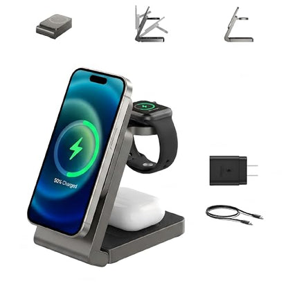 3 in 1 Charging Station for Apple, Wireless iPhone Charging Station for Multiple Devices, Foldable Magnetic Mag-Safe Charging Station for iPhone 17/16/15/14/13/12/pro/pro max,Apple Watch,AirPods