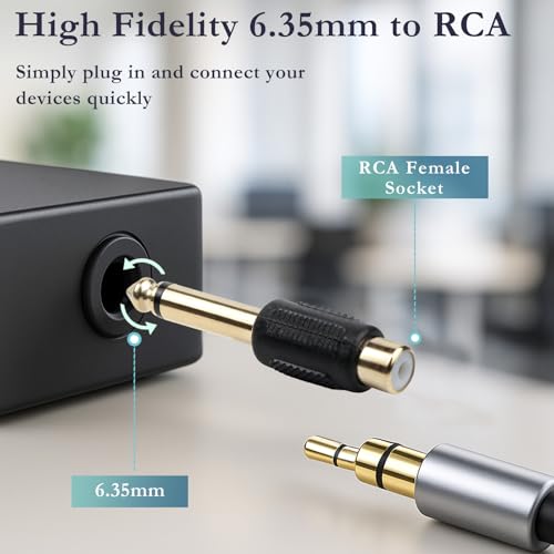 RCA to 1/4" Audio Adapter (6-Pack) – 6.35mm Mono Male Plug to RCA Female Connector, Gold-Plated Audio Jack for Speakers, Amps, Instruments & Home Theater