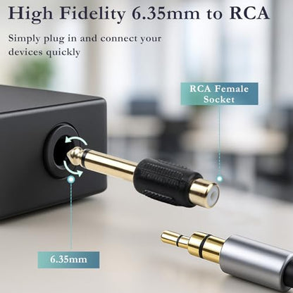 RCA to 1/4" Audio Adapter (6-Pack) – 6.35mm Mono Male Plug to RCA Female Connector, Gold-Plated Audio Jack for Speakers, Amps, Instruments & Home Theater