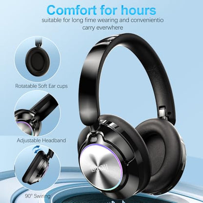 Noise Cancelling Over Ear Wireless Bluetooth Headphones with Microphone, 65h Playtime, Clear Calls, Comfort Fit for Travel (Black) - color: Black