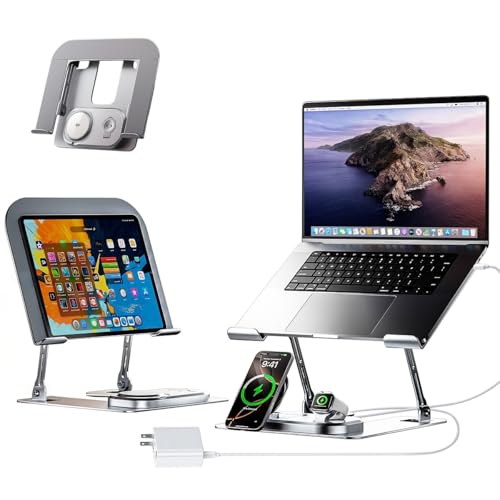 Adjustable Laptop Stand with Wireless Charger, Qi2 15W, 4in1 | Qi2 15W fast charging for phone and watch. 3-in-1 station with LED light. Fits 10-17.3 inch laptops. Foldable, holds 22lb