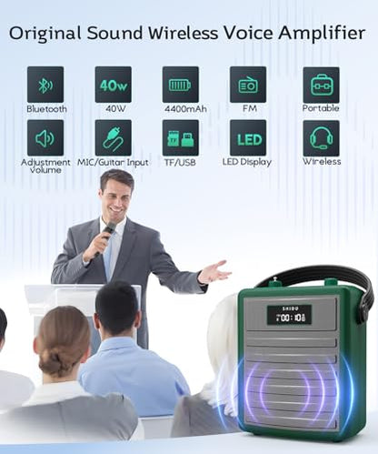 SHIDU 40W Wireless Voice Amplifier for Teachers with Dual Microphones | Powerful Bluetooth Speaker PA System Karaoke Machine, Portable Speaker with Microphone Support BT/USB/TF Card/Aux/Guitar - color: Green