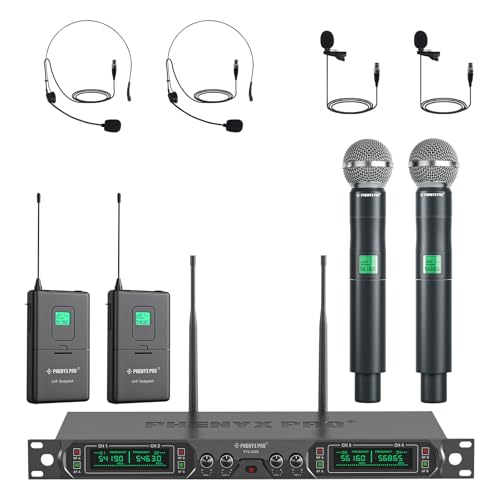 Phenyx Pro 4-Ch UHF Fixed Frequency Wireless Microphone PTU-5000-2H2B | 2 Handheld Mics, 2 Bodypacks, Headset/Lapel Mics, Metal Build, 260 ft Range, Church Services, DJ Sets