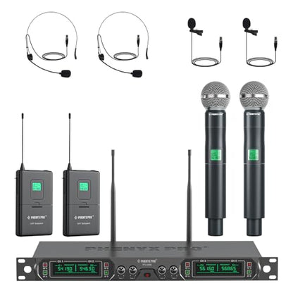 Phenyx Pro 4-Ch UHF Fixed Frequency Wireless Microphone PTU-5000-2H2B | 2 Handheld Mics, 2 Bodypacks, Headset/Lapel Mics, Metal Build, 260 ft Range, Church Services, DJ Sets