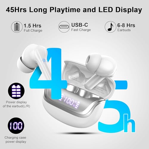 Nerunsa Wireless Earbuds, Bluetooth 5.4 Headphones HiFi Stereo, 50H Playtime in-Ear Headphones with ENC Noise Cancelling Mics, IP7 Waterproof Wireless Headphones, Earbuds with LED Display - color: pure white