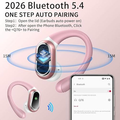 Wireless Earbuds, 2026 Bluetooth 5.4 Headphones, ENC Noise Canceling Mic | 60Hrs+ Stereo Wireless Headphones, IP7 Waterproof Bluetooth Earbuds, Sport Earhooks, Dual LED Display, for Workout, Running - color: Loyal Pink