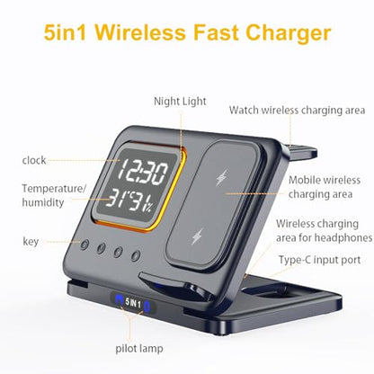 IHAO 5in1 Multi Functional Wireless Charging Station Digital Clock 15W Fast Charging Temperature Display Wireless Charger for All Qi Phone and TWS Headphone Compliant with Apple Watch-DH15 White - color: 5IN1 Wireless Charger Alarm Clock DH15 White