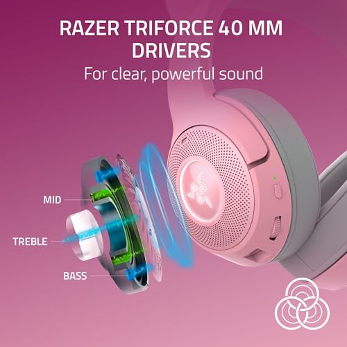 Razer Kraken Kitty V2 BT Wireless RGB Headset, Pink | Chroma RGB Kitty Ears & Earcups, Bluetooth 5.2, 40 mm Drivers, Noise-cancelling Mics, Lightweight, USB-C, 40 Hr Battery - color: Quartz Pink