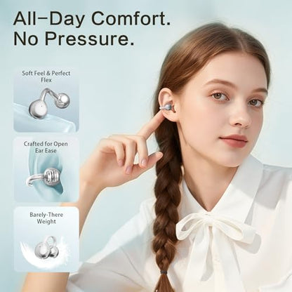 2026 Open Ear Clip On Earbuds with Detachable Butterfly Earrings, Bluetooth 6.0 Wireless Headphones for Women, 50H Playtime, Lightweight & Pain-Free Fit for Small Ears, IPX6，Great Gift Silver - color: Silver