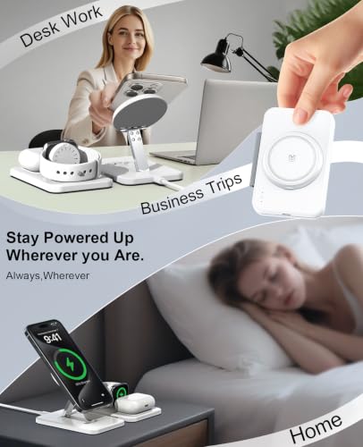 3 in 1 Magnetic Wireless Charger for Apple Multiple Devices, Foldable Fast Charging Station - Magsafe Charger Stand, Travel Charger Pad for iPhone 17 16 15 14 13 12 Series/Apple Watch/AirPods Pro | Magsafe Charger Stand for Multiple Devices, Travel Charge