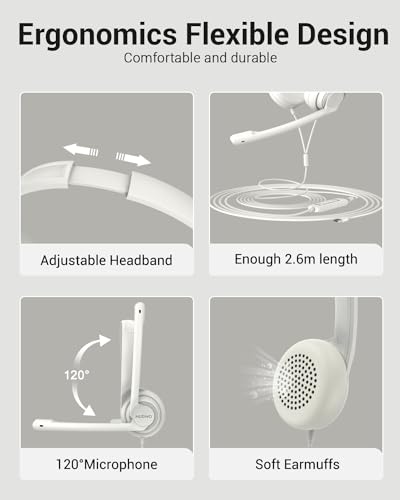 NUBWO HW02 USB Computer Headset with Clear Chat Microphone, Lightweight On-Ear Wired Headset for MS Teams, Skype, Webinars, Call Center and More -White | Lightweight On-Ear Wired Headset for MS Teams, Skype, Webinars, Office Call Center and More (White) -