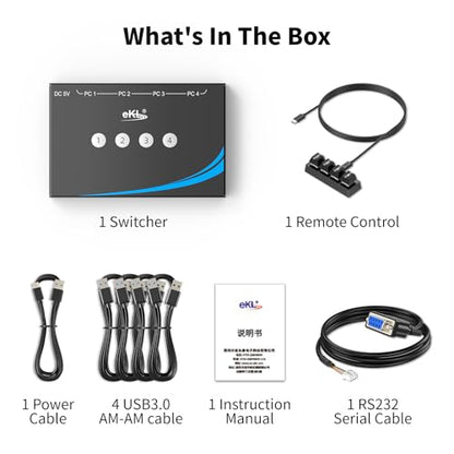 eKL USB 3.0 Switch 4 Computers Sharing Mouse Keyboard Printer Scanner, 4 Port USB Switcher with RS232 Serial Switching, Remote Controller, 3.5mm Mic & Headset Audio Jack, 4 USB 3.0 Cables Included - size: USB3.0 4 in 4 out with remote and RS232 cable