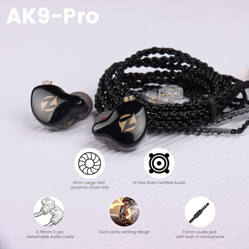 AK9 PRO Wired IEM Earbuds, Hi-Res Audio, 11mm Dynamic Driver, Detachable 2-Pin Cable, Noise Isolating in-Ear Monitors for Music, Gaming & Smartphones - color: Black