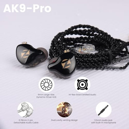 AK9 PRO Wired IEM Earbuds, Hi-Res Audio, 11mm Dynamic Driver, Detachable 2-Pin Cable, Noise Isolating in-Ear Monitors for Music, Gaming & Smartphones - color: Black