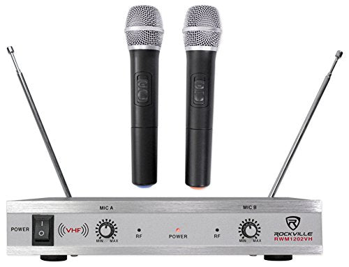 Rockville RWM1202VH VHF Wireless Dual Handheld Microphone System, 2 Channel | Metal Receiver, 1/4" Audio Output, Cardioid, 200 ft Indoor Range, Auto-Link, Includes 2 Mics/Batteries/Adapter