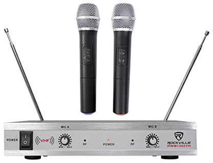 Rockville RWM1202VH VHF Wireless Dual Handheld Microphone System, 2 Channel | Metal Receiver, 1/4" Audio Output, Cardioid, 200 ft Indoor Range, Auto-Link, Includes 2 Mics/Batteries/Adapter
