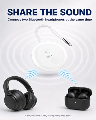Avantree SoundJet R1-25Hr Airplane Bluetooth Adapter for All AirPods | Qualcomm Chip & aptX Adaptive, Wireless Audio Transmitter for Flight Travel, Works with Bose & Other Headphones - color: 1. White