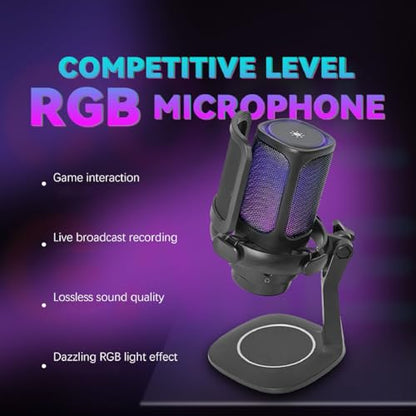 Dpofirs Gaming USB Microphone with RGB, Cardioid Condenser for PC, Streaming, Podcast - Pop Filter, Touch Control, Volume Knob, Instant Mute