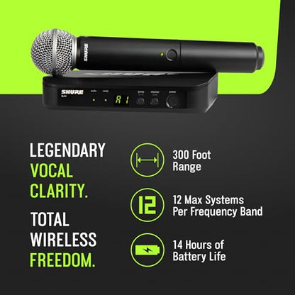 Shure BLX24/SM58 Handheld Wireless Audio System J11 Band (596–620 MHz) – BLX4 Receiver, BLX2 Transmitter with SM58 Dynamic Mic, Up to 14 Hr Battery, 300 ft Range | BLX4 Receiver, BLX2 Transmitter with SM58 Dynamic Mic, Up to 14 Hr Battery, 300 ft Range -