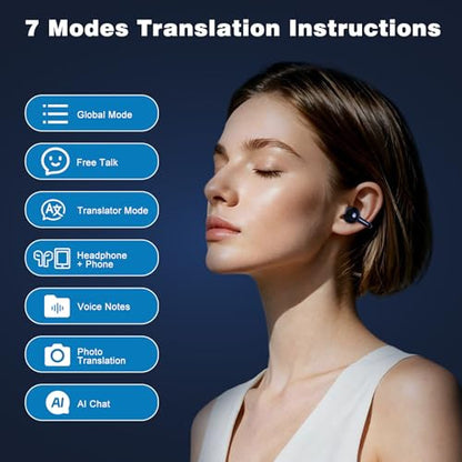 AI Translation Earbuds Real Time, 164 Languages Translator Earbuds, Wireless Translating Ear Buds, Bluetooth Headphones for Travel Business Meeting Learning (Black)