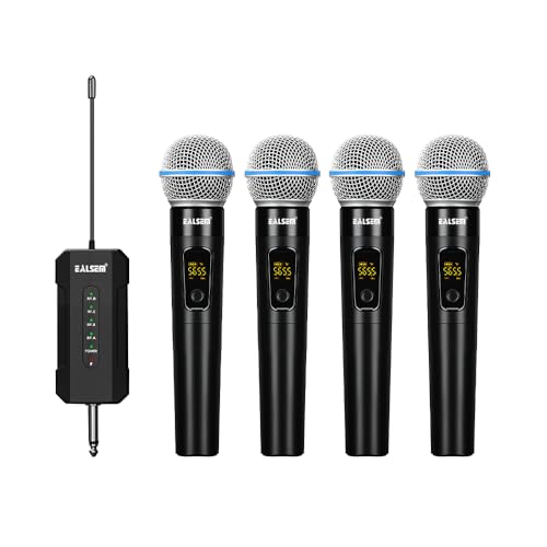 ES-384 4-Channel UHF Wireless Handheld Microphone System for Karaoke, Church, Stage, DJ and Parties, 4 Handheld Mics with 6.35mm Plug-in Rechargeable Receiver, 164ft Range