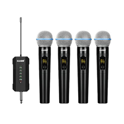 ES-384 4-Channel UHF Wireless Handheld Microphone System for Karaoke, Church, Stage, DJ and Parties, 4 Handheld Mics with 6.35mm Plug-in Rechargeable Receiver, 164ft Range