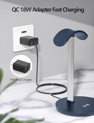 Miroddi Headphone Stand with Wireless Charger, Independent USB Charging Port, 5 in 1 Charging Station Headset Holder Rack for iWatch, iPhone, Samsung and Desk All Headphones, Dark Blue - color: Dark Blue