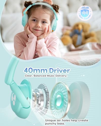 awatrue Kids Bluetooth Headphones, 85dB Volume Limiter, Green HK02 | Foldable Wireless, Bluetooth 5.4, 75H Playtime, Built-in Mic, for iPad & Travel - color: Green
