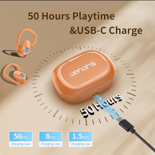 Wireless Earbuds, Headphones Sport Bluetooth 5.4, Over Ear Buds with ENC Noise Canceling Mic, Deep Bass Stereo Earphones with Hook, 50H Playback, LED Display Ear Buds for Workout Running, Deep Orange | 50H Playback, IP7 Waterproof Earphones for Workout R