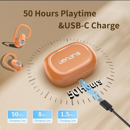 Wireless Earbuds, Headphones Sport Bluetooth 5.4, Over Ear Buds with ENC Noise Canceling Mic, Deep Bass Stereo Earphones with Hook, 50H Playback, LED Display Ear Buds for Workout Running, Deep Orange | 50H Playback, IP7 Waterproof Earphones for Workout R