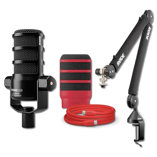 Rode PodMic USB Broadcast Mic Bundle with PSA1+ Boom Arm, SC27 Red USB-C, WS14 R Pop Filter, and 10-Ft XLR — XLR + USB-C Studio Mic for Podcasting, Streaming, Voice Over, Broadcasting